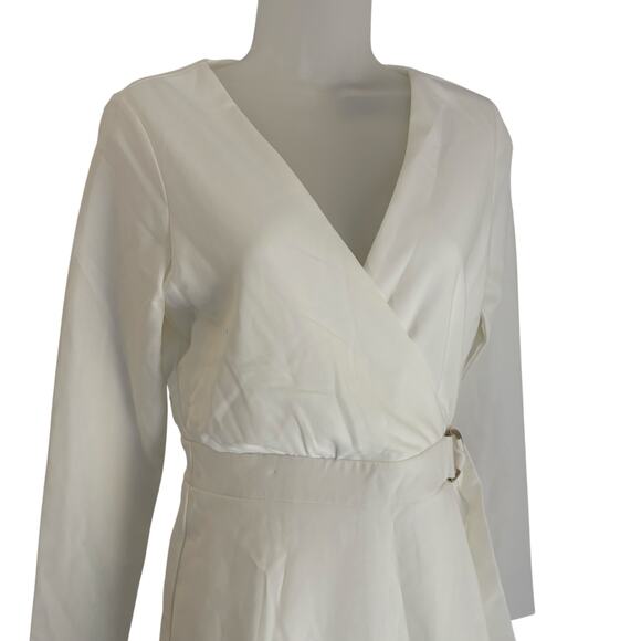 Lulus White Rooftop Bar Long Sleeve Wrap Mini Skort Romper Belted V Neck Bridal - Picture 4 of 13